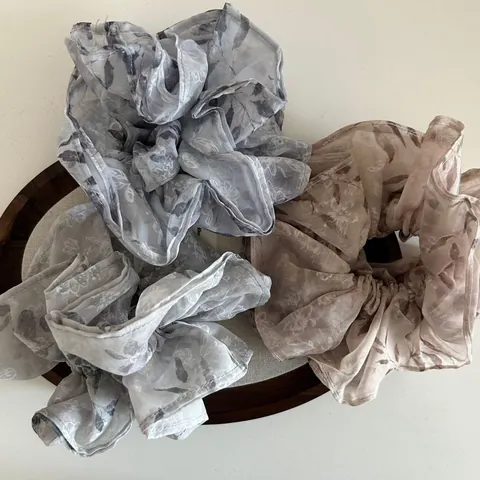 French Vintage Organza Floral Scrunchies Double Layer Bud Hair Ties For Women Elegant Large Hair Accessories Khaki Blue Print