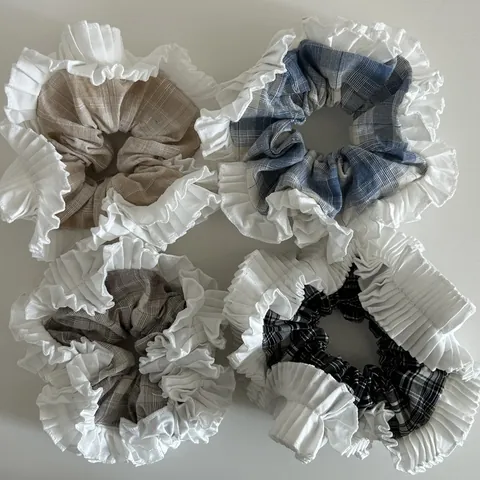 Korean Style Plaid Ruffle Scrunchies For Women Checkered Pleated Elastic Hair Ties Vintage Hair Bands Hair Accessories