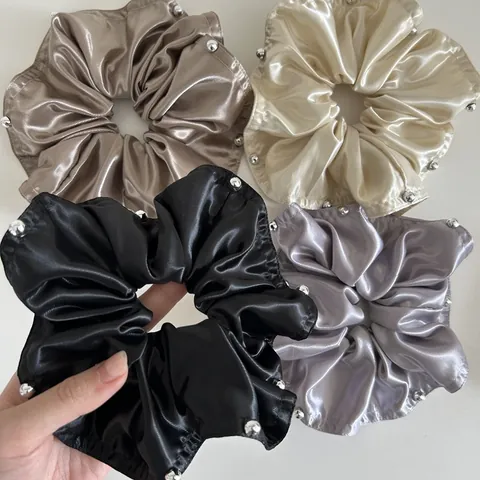 Oversized Korean Satin Scrunchie With Silver Beads Elegant Solid Color Elastic Hair Tie For Women Hair Accessories