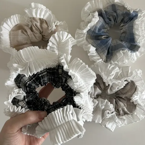 Korean Style Plaid Ruffle Scrunchies For Women Checkered Pleated Elastic Hair Ties Vintage Hair Bands Hair Accessories