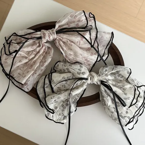 French Vintage Floral Bow Hair Clip Large Fabric Pleated Ribbon Spring Clip Elegant Floral Hairpin Accessories For Women