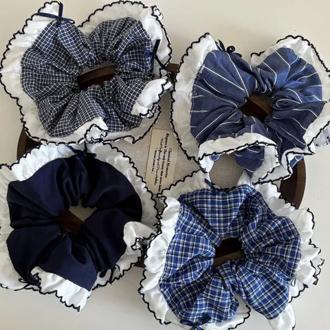 Navy Blue Lace Edge Bow Hair Scrunchie Korean Style Plaid Stripe Solid Pattern Large Fabric Hair Tie Elegant Accessories