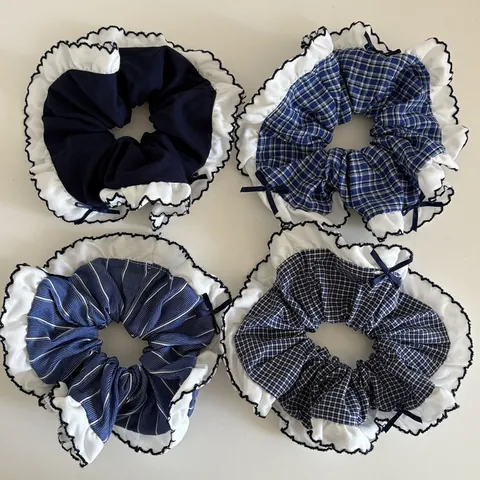 Navy Blue Lace Edge Bow Hair Scrunchie Korean Style Plaid Stripe Solid Pattern Large Fabric Hair Tie Elegant Accessories