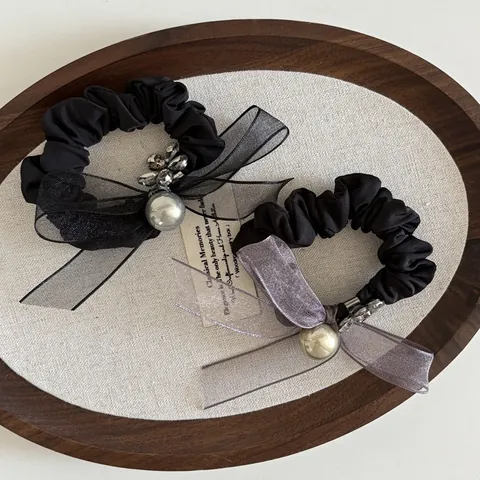 Elegant Bow Pearl Scrunchies For Women Korean Style Organza Ribbon Hair Ties With Rhinestone Flower Vintage Hair Accessories Black Gray