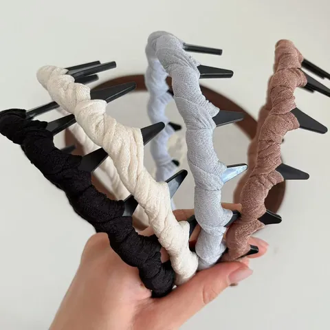 Korean Style Solid Color Braided Headband Non-Slip Teeth Fabric Wrapped Plastic Hair Hoop High Cranial Top For Women Styling