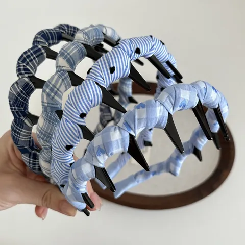 Diadema Antideslizante con Dientes Estilo Coreano a Cuadros Azules Blancos Rayada Patrón de Corazón Enuelta en Tela para Mujer Accesorios Pelo