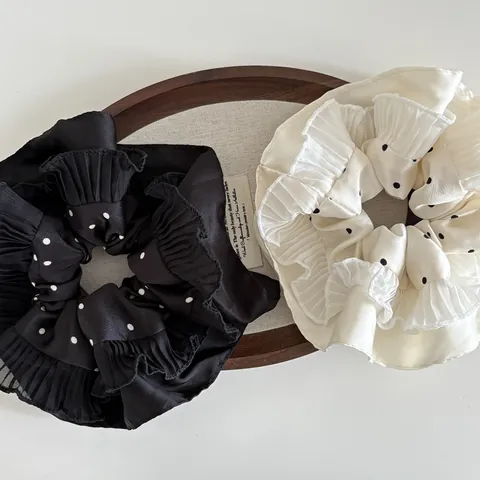 Korean Design Polka Dot Pleated Satin Look Large Scrunchie Multi Layer Ruffle Edge Hair Tie For Women Hair Accessories
