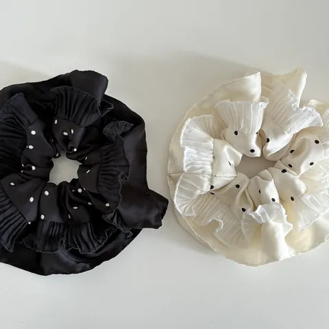 Korean Design Polka Dot Pleated Satin Look Large Scrunchie Multi Layer Ruffle Edge Hair Tie For Women Hair Accessories