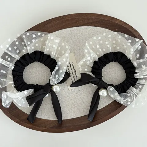 French Retro Polka Dot Mesh Hair Scrunchie With Bow And Faux Artificial Pearl Elegant Black White Hair Tie For Women Girls Accessory