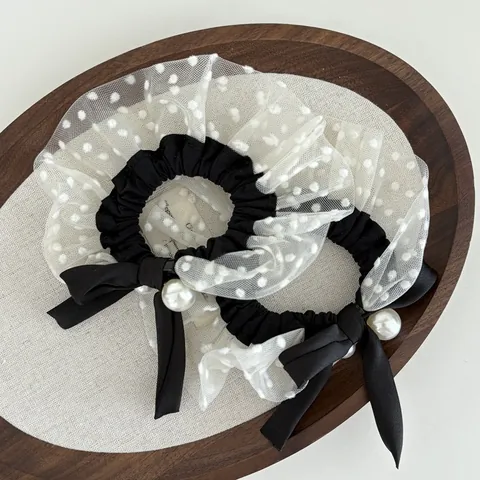 French Retro Polka Dot Mesh Hair Scrunchie With Bow And Faux Artificial Pearl Elegant Black White Hair Tie For Women Girls Accessory