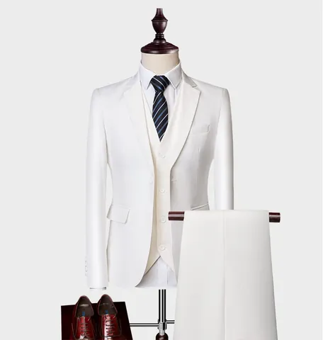 Traje Blanco para Hombre de Corte Ajustado Blazer Chaleco Y Pantalones Estilo Coreano Casual Negocios Boda Fiesta Moda Formal Masculina