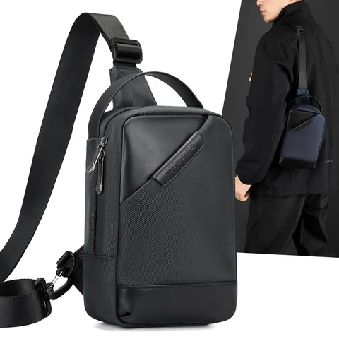 Men's Chest Bag Water Resistant Nylon Leather Patchwork Crossbody Sling Bag Multifunctional Casual Business Shoulder Bag For Men