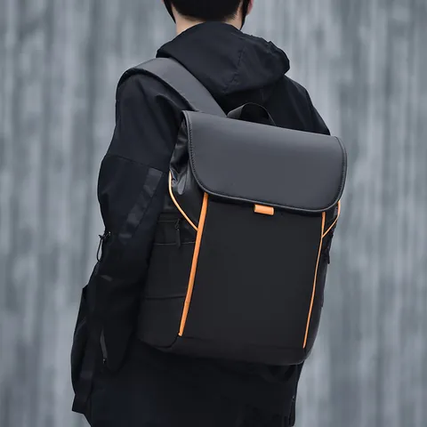 Zaino Moderno Urban Business Casual Design a Linee Arancioni a Contrasto in Nylon Resistente all'Acqua Borsa per Laptop da Uomo Viaggio Scuola