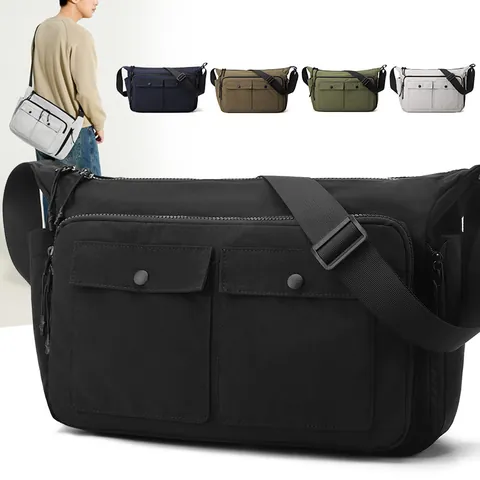 Men Casual Waterproof Nylon Crossbody Bag Large Capacity Messenger Bag Daily Workwear Multi Pocket Shoulder Bag