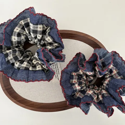 Vintage Denim Plaid Scrunchie Für Damen Große Wellenkante Haarschmuck Eleganter Hochelastischer Stoff Haargummi