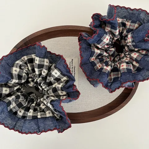 Vintage Denim Plaid Scrunchie Für Damen Große Wellenkante Haarschmuck Eleganter Hochelastischer Stoff Haargummi