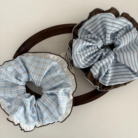 Korean Contrast Color Ruffle Scrunchies Striped Plaid Fabric Hair Ties For Women Vintage Sweet Ponytail Hair Accessories