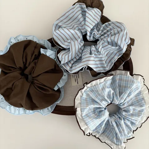 Korean Contrast Color Ruffle Scrunchies Striped Plaid Fabric Hair Ties For Women Vintage Sweet Ponytail Hair Accessories