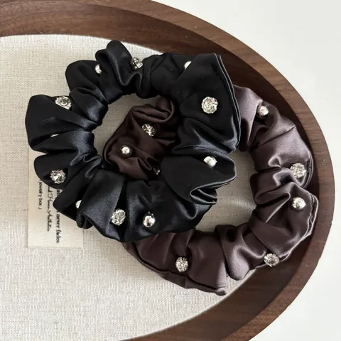 Elegant Satin Beaded Scrunchie With Rhinestone And Silver Studs Heavy Craft Elastic Hair Tie For Women Daily Hair Styling