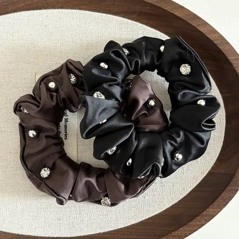 Elegant Satin Beaded Scrunchie With Rhinestone And Silver Studs Heavy Craft Elastic Hair Tie For Women Daily Hair Styling