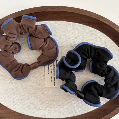 Haargummis Im Koreanischen Stil Aus Faltenstoff Mit Kontrastierendem Blauen Rand Vintage Rüschen Haarbänder Harzschnalle Für Damen