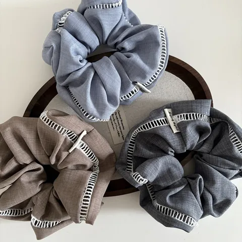 Fabric Hollow Out Lace Scrunchies Patchwork Large Elastic Hair Ties Cute Baby Label Vintage Hair Bands Hair Accessories For Women
