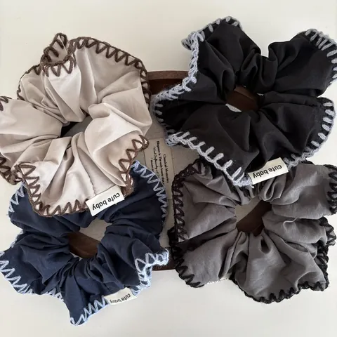 Korean Style Contrast Stitching Fabric Large Scrunchies For Women Minimalist Whipstitch Hair Ties Cute Baby Label Hair Accessories