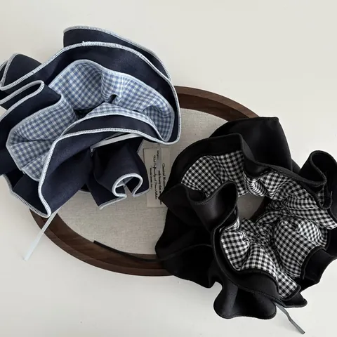 Scrunchie Oversize a Doppio Strato Patchwork a Quadretti Con Fiocco Stile Preppy Coreano Elastico Capelli in Tessuto Donna