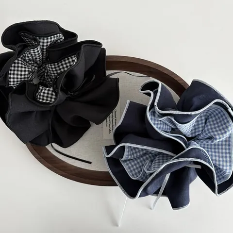 Scrunchie Oversize a Doppio Strato Patchwork a Quadretti Con Fiocco Stile Preppy Coreano Elastico Capelli in Tessuto Donna