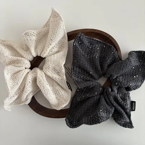 Chouchou en Maille Surdimensionné pour Femmes Élégant Couleur Unie avec Paillettes Élastique à Cheveux Haute Élasticité Étiquette Hand Made Accessoires de Cheveux
