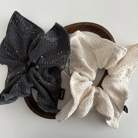 Chouchou en Maille Surdimensionné pour Femmes Élégant Couleur Unie avec Paillettes Élastique à Cheveux Haute Élasticité Étiquette Hand Made Accessoires de Cheveux