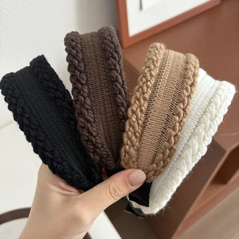 Diadema de Lana de Punto Trenzado Vintage para Mujer Ancha Color Sólido Gruesa Invierno Cálida Cinta para el Pelo Accesorio