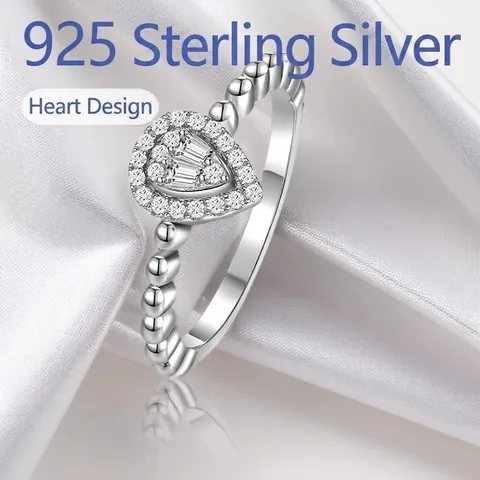 925 Sterling Silver Moissanite Heart Shaped Ring For Women Elegant Beaded Band Moissanite Jewelry Gift With GRA Certificate
