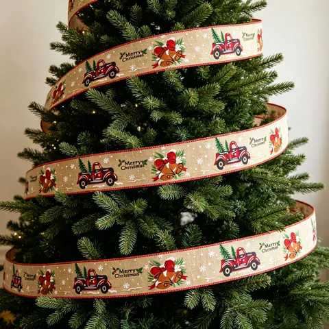 Christmas Burlap Ribbon Red Truck Xmas Tree Bells Patterns Linen Style Decorative Wired Edge Holiday DIY Crafts