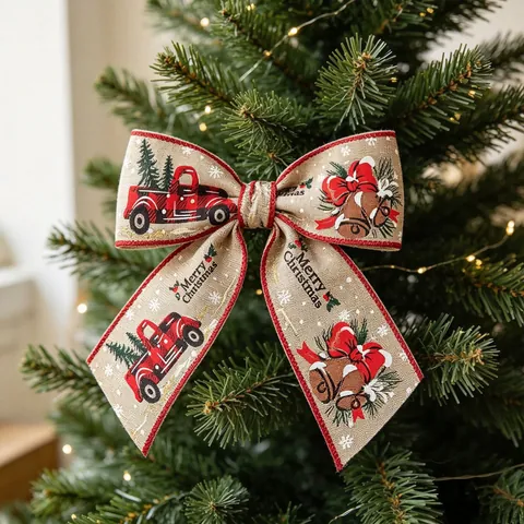 Weihnachtsband Aus Sackleinen Drahtkante Roter LKW Baum Glockenmuster Für Geschenkverpackungen DIY Schleifen Deko