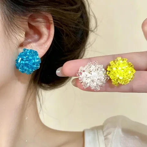Handmade Beaded Hydrangea Stud Earrings Colorful Synthetic Crystal Ball Flower Earrings For Women Resort Style Jewelry