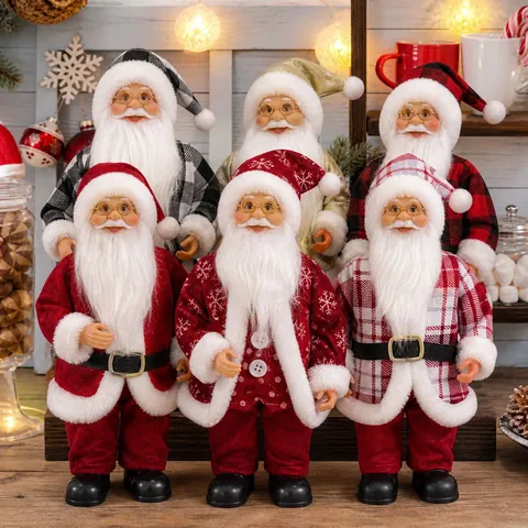 Realistic Santa Claus Doll Figurine Christmas Ornament Plaid Gold Classic Red Fabric Plastic Decoration Home Party Desktop