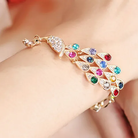 Vintage Gold Plated Colorful Peacock Rhinestone Bracelet For Women Elegant Phoenix Fashion Jewelry Wedding Party Gift