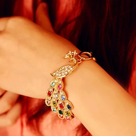 Vintage Gold Plated Colorful Peacock Rhinestone Bracelet For Women Elegant Phoenix Fashion Jewelry Wedding Party Gift