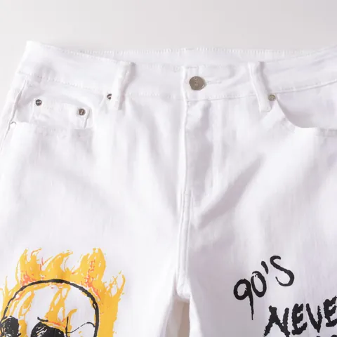 Herren Streetwear Weiße Jeans Baumwolle Stretch Denim Slim Fit 3D Graffiti Totenkopf Flamme Hip Hop High Street Mode Hose