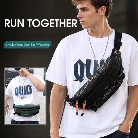 Men's Waterproof Nylon Waist Bag Streetwear Trend Chest Bag Outdoor Sports Lightweight Fanny Pack With Headphone Hole