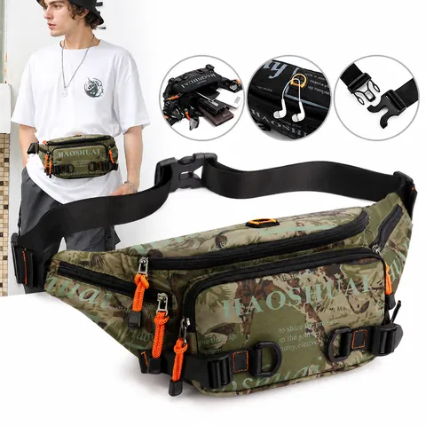 Men's Fashion Sporty Waist Bag Waterproof Nylon Chest Bag Multi-Pocket Crossbody Bag With Earphone Hole Outdoor Travel Fanny Pack