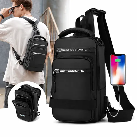 Herren Wasserfeste Nylon Brusttasche Mit USB-Ladeanschluss Große Kapazität Multi-Pocket Sling Schulter Crossbody Tasche