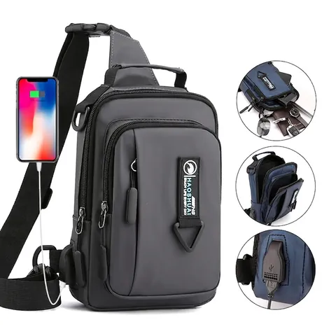 Bolso de Pecho para Hombre a la Moda Impermeable de Nailon Bolso Bandolera Con Puerto de Carga USB Mochila Deportiva para Viajes al Aire Libre