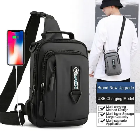 Bolso de Pecho para Hombre a la Moda Impermeable de Nailon Bolso Bandolera Con Puerto de Carga USB Mochila Deportiva para Viajes al Aire Libre