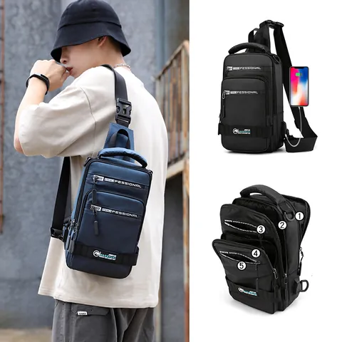 Herren Wasserfeste Nylon Brusttasche Mit USB-Ladeanschluss Große Kapazität Multi-Pocket Sling Schulter Crossbody Tasche