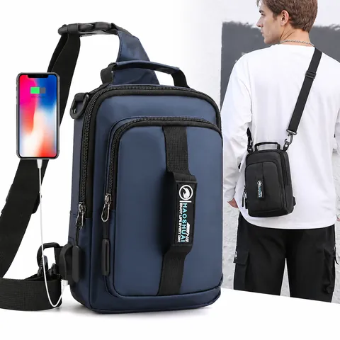 Men Multi-functional Chest Bag Waterproof Nylon Crossbody Sling Bag With USB Charging Port Fashion Casual Travel Outdoor Small Messenger Bag