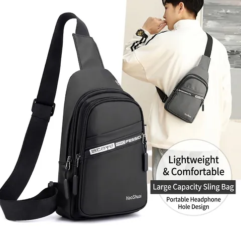 Herren Wasserdicht Nylon Umhängetasche Große Kapazität Brusttasche Mit Kopfhörerloch Outdoor Reisen Casual Schultertasche