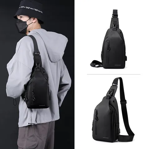 Sac Bandoulière Imperméable Homme Grande Capacité Sac de Poitrine Avec Port de Charge USB Trou Écouteurs Sac à Dos Voyage