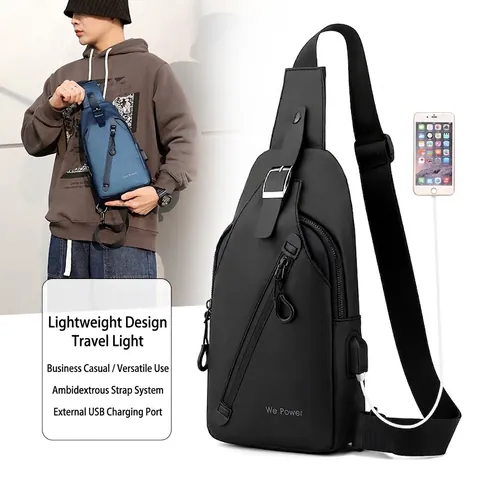 Bolso de Pecho de Nylon Impermeable para Hombre Con Puerto de Carga USB Externo Bolso Bandolera Casual para Viajes Deporte Exterior